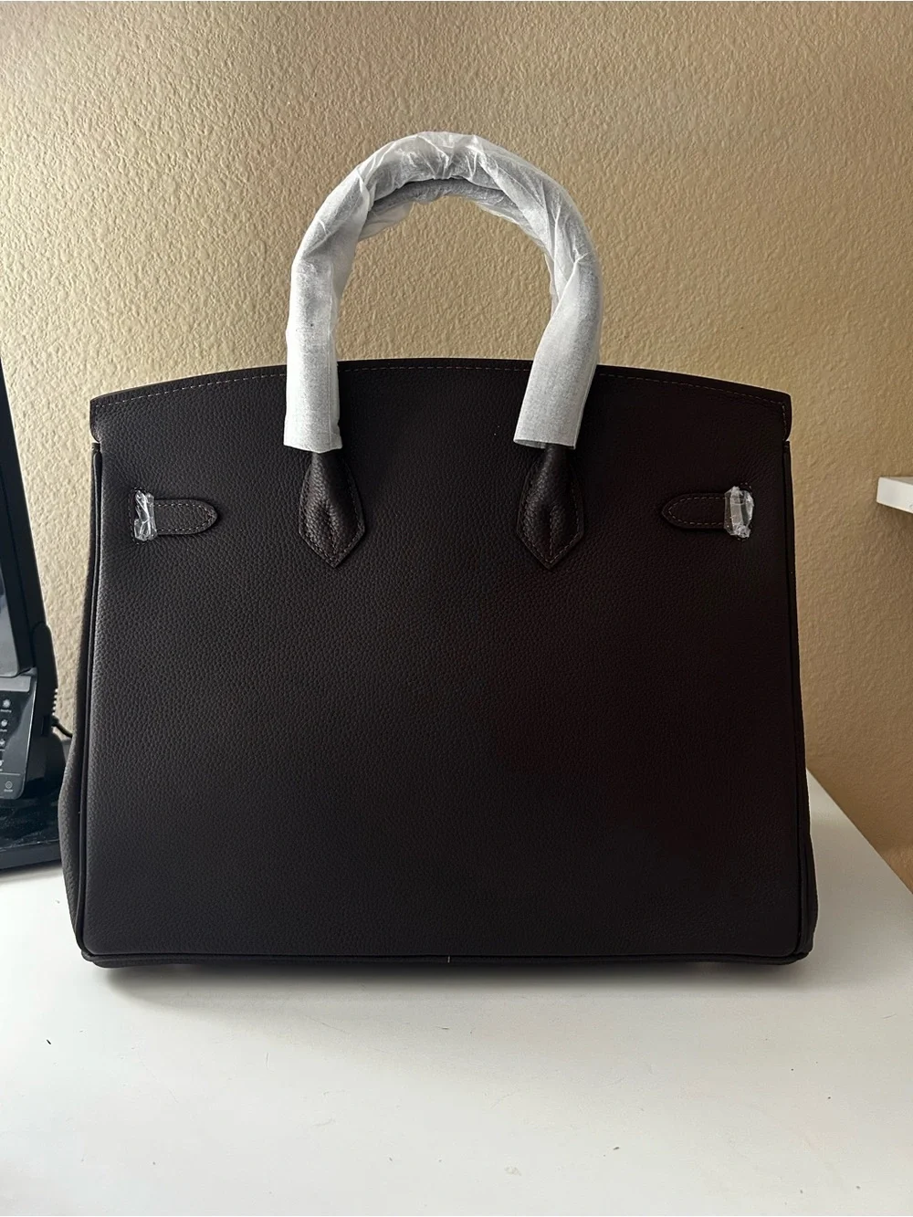 35cm Ebene Structured Top-Handle Bag with Gold Hardware